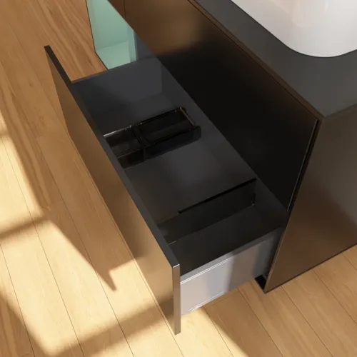 VILLEROY BOCH Toaletní skříňka Finion, s osvětlením, 3 výsuvy, 1200 x 603 x 501 mm, černý matný lak / olivový matný lak / černé matné sklo #F392GMPD, obrázek 7