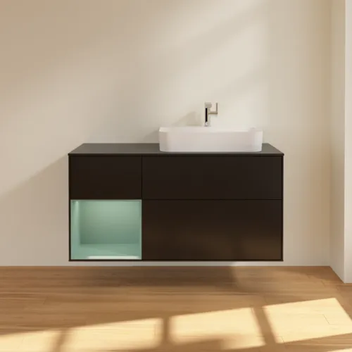 VILLEROY BOCH Toaletní skříňka Finion, s osvětlením, 3 výsuvy, 1200 x 603 x 501 mm, černý matný lak / olivový matný lak / černé matné sklo #F392GMPD, obrázek 3
