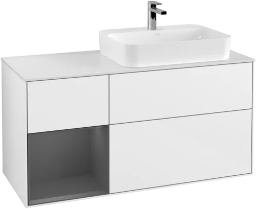 VILLEROY BOCH Toaletní skříňka Finion, s osvětlením, 3 výsuvy, 1200 x 603 x 501 mm, lesklý bílý lak / antracitový matný lak / bílé matné sklo #F391GKGF