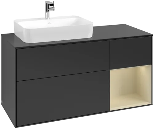 VILLEROY BOCH Toaletní skříňka Finion, s osvětlením, 3 výsuvy, 1200 x 603 x 501 mm, černý matný lak / hedvábně šedý matný lak / černé matné sklo #F402HJPD