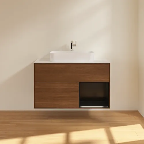 VILLEROY BOCH Toaletní stolek Finion, s osvětlením, 2 výsuvy, 1000 x 603 x 501 mm, ořechová dýha / černý matný lak / sklo bílé matné #F371PDGN, obrázek 3