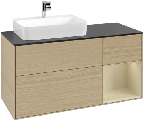 VILLEROY BOCH Toaletní skříňka Finion, s osvětlením, 3 výsuvy, 1200 x 603 x 501 mm, dubová dýha / hedvábně šedý matný lak / sklo černé matné #F402HJPC