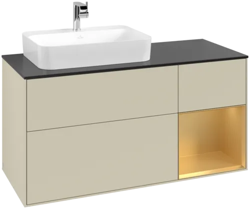 VILLEROY BOCH Toaletní skříňka Finion, s osvětlením, 3 výsuvy, 1200 x 603 x 501 mm, Silk Grey Matt Lacquer / Gold Matt Lacquer / Glass Black Matt #F402HFHJ