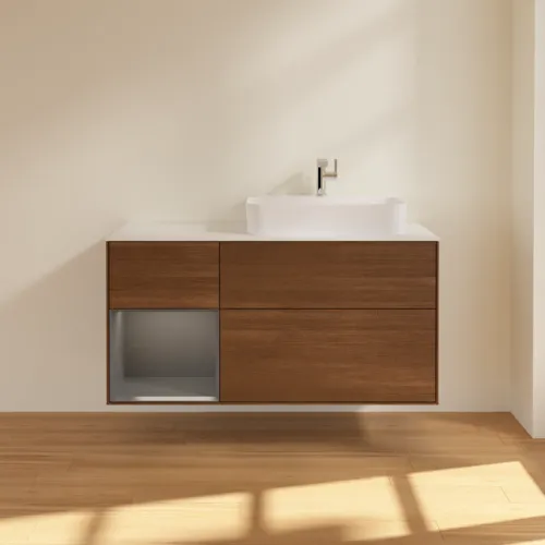 VILLEROY BOCH Toaletní skříňka Finion, s osvětlením, 3 výsuvy, 1200 x 603 x 501 mm, ořechová dýha / antracitový matný lak / bílé matné sklo #F391GKGN, obrázek 3