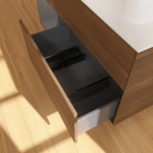 VILLEROY BOCH Toaletní skříňka Finion, s osvětlením, 3 výsuvy, 1200 x 603 x 501 mm, ořechová dýha / antracitový matný lak / bílé matné sklo #F391GKGN, obrázek 7