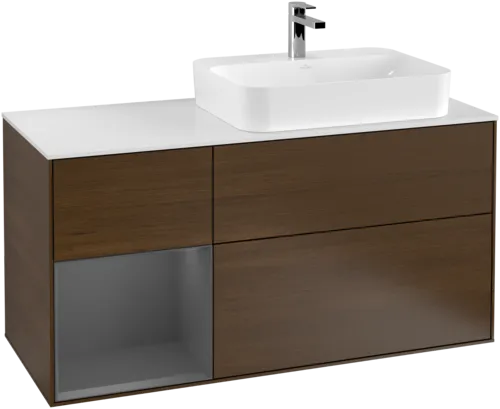VILLEROY BOCH Toaletní skříňka Finion, s osvětlením, 3 výsuvy, 1200 x 603 x 501 mm, ořechová dýha / antracitový matný lak / bílé matné sklo #F391GKGN