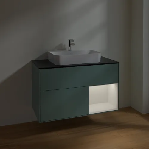 VILLEROY BOCH Toaletní skříňka Finion, s osvětlením, 2 výsuvy, 1000 x 603 x 501 mm, olivový matný lak / lesklý bílý lak / sklo černé matné #F372GFGM, obrázek 5