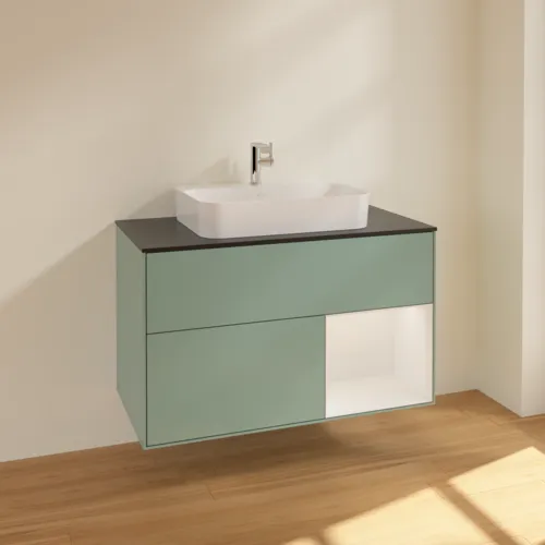 VILLEROY BOCH Toaletní skříňka Finion, s osvětlením, 2 výsuvy, 1000 x 603 x 501 mm, olivový matný lak / lesklý bílý lak / sklo černé matné #F372GFGM, obrázek 2