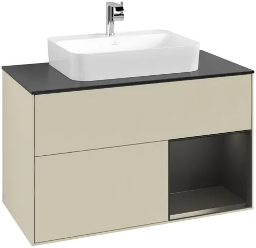 VILLEROY BOCH Toaletní skříňka Finion, s osvětlením, 2 výsuvy, 1000 x 603 x 501 mm, hedvábně šedý matný lak / černý matný lak / černé matné sklo #F372PDHJ