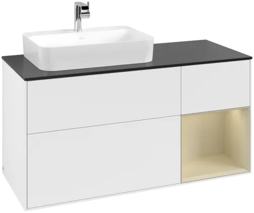 VILLEROY BOCH Toaletní skříňka Finion, s osvětlením, 3 výsuvy, 1200 x 603 x 501 mm, bílý matný lak / hedvábně šedý matný lak / černé matné sklo #F402HJMT