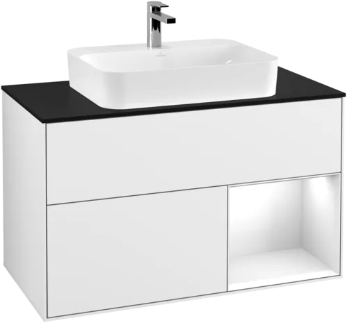 VILLEROY BOCH Toaletní skříňka Finion, s osvětlením, 2 výsuvy, 1000 x 603 x 501 mm, lesklý bílý lak / lesklý bílý lak / sklo černé matné #F372GFGF