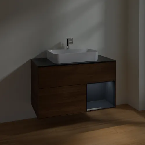 VILLEROY BOCH Toaletní skříňka Finion, s osvětlením, 2 výsuvy, 1000 x 603 x 501 mm, ořechová dýha / půlnočně modrý matný lak / černé matné sklo #F372HGGN, obrázek 5