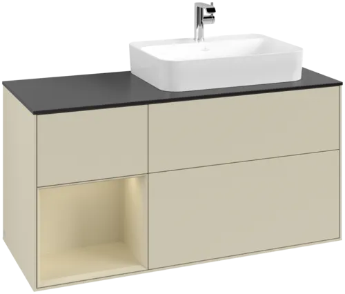 VILLEROY BOCH Toaletní skříňka Finion, s osvětlením, 3 výsuvy, 1200 x 603 x 501 mm, Silk Grey Matt Lacquer / Silk Grey Matt Lacquer / Glass Black Matt #F392HJHJ