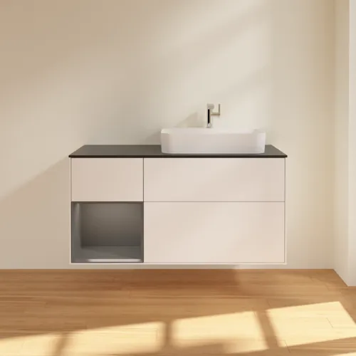 VILLEROY BOCH Toaletní skříňka Finion, s osvětlením, 3 výsuvy, 1200 x 603 x 501 mm, bílý matný lak / antracitový matný lak / černé matné sklo #F392GKMT, obrázek 3