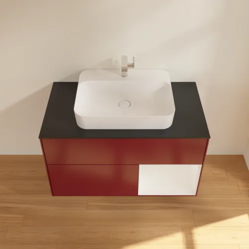 VILLEROY BOCH Toaletní skříňka Finion, s osvětlením, 2 výsuvy, 1000 x 603 x 501 mm, matný lak Peony / lesklý bílý lak / černé matné sklo #F372GFHB, obrázek 4
