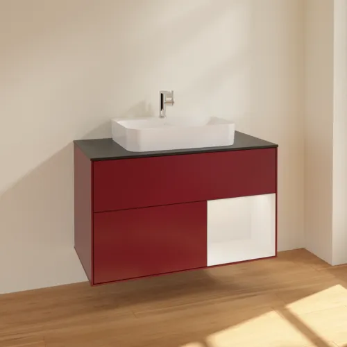 VILLEROY BOCH Toaletní skříňka Finion, s osvětlením, 2 výsuvy, 1000 x 603 x 501 mm, matný lak Peony / lesklý bílý lak / černé matné sklo #F372GFHB, obrázek 2