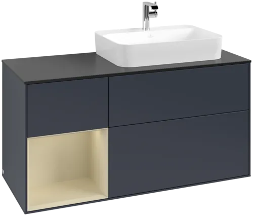 VILLEROY BOCH Toaletní skříňka Finion, s osvětlením, 3 výsuvy, 1200 x 603 x 501 mm, Midnight Blue Matt Lacquer / Silk Grey Matt Lacquer / Glass Black Matt #F392HJHG
