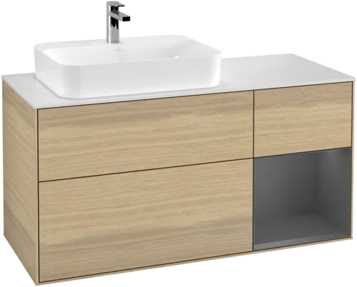 VILLEROY BOCH Toaletní skříňka Finion, s osvětlením, 3 výsuvy, 1200 x 603 x 501 mm, dubová dýha / antracitový matný lak / bílé matné sklo #F401GKPC