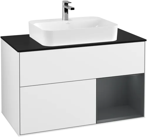 VILLEROY BOCH Toaletní skříňka Finion, s osvětlením, 2 výsuvy, 1000 x 603 x 501 mm, lesklý bílý lak / půlnoční modrý matný lak / černé matné sklo #F372HGGF
