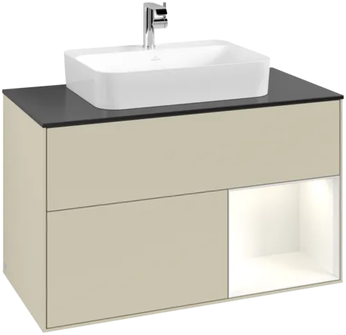 VILLEROY BOCH Toaletní skříňka Finion, s osvětlením, 2 výsuvy, 1000 x 603 x 501 mm, hedvábně šedý matný lak / lesklý bílý lak / černé matné sklo #F372GFHJ