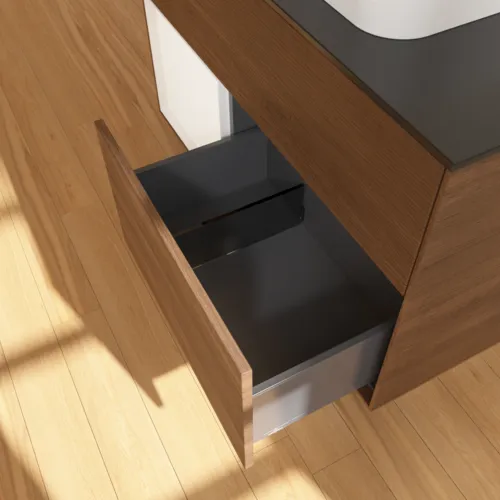 VILLEROY BOCH Toaletní skříňka Finion, s osvětlením, 2 výsuvy, 1000 x 603 x 501 mm, ořechová dýha / bílý matný lak / černé matné sklo #F362MTGN, obrázek 7
