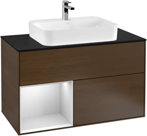 VILLEROY BOCH Toaletní skříňka Finion, s osvětlením, 2 výsuvy, 1000 x 603 x 501 mm, ořechová dýha / bílý matný lak / černé matné sklo #F362MTGN