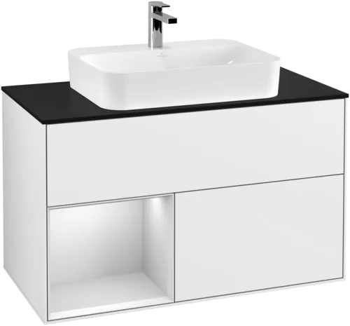 VILLEROY BOCH Umyvadlová skříňka Finion, s osvětlením, 2 výsuvy, 1000 x 603 x 501 mm, lesklý bílý lak / bílý matný lak / černé matné sklo #F362MTGF