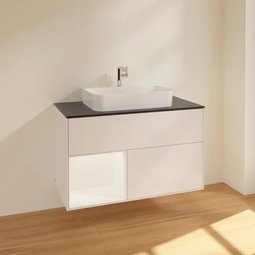 VILLEROY BOCH Umyvadlová skříňka Finion, s osvětlením, 2 výsuvy, 1000 x 603 x 501 mm, lesklý bílý lak / bílý matný lak / černé matné sklo #F362MTGF, obrázek 2