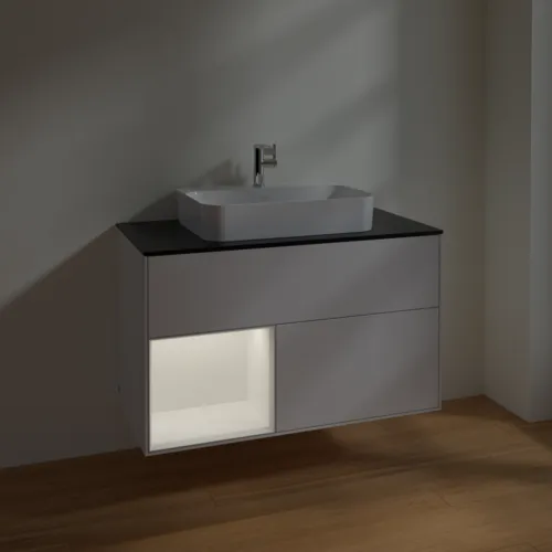 VILLEROY BOCH Umyvadlová skříňka Finion, s osvětlením, 2 výsuvy, 1000 x 603 x 501 mm, lesklý bílý lak / bílý matný lak / černé matné sklo #F362MTGF, obrázek 5