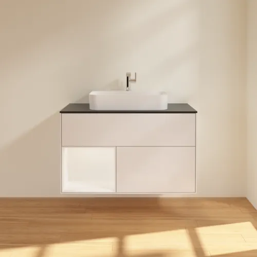 VILLEROY BOCH Umyvadlová skříňka Finion, s osvětlením, 2 výsuvy, 1000 x 603 x 501 mm, lesklý bílý lak / bílý matný lak / černé matné sklo #F362MTGF, obrázek 3