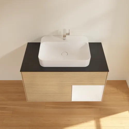 VILLEROY BOCH Toaletní skříňka Finion, s osvětlením, 2 výsuvy, 1000 x 603 x 501 mm, dubová dýha / bílý matný lak / sklo černé matné #F372MTPC, obrázek 4