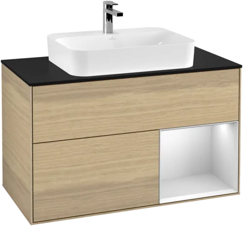 VILLEROY BOCH Toaletní skříňka Finion, s osvětlením, 2 výsuvy, 1000 x 603 x 501 mm, dubová dýha / bílý matný lak / sklo černé matné #F372MTPC