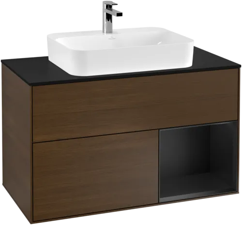 VILLEROY BOCH Toaletní skříňka Finion, s osvětlením, 2 výsuvy, 1000 x 603 x 501 mm, ořechová dýha / černý matný lak / černé matné sklo #F372PDGN