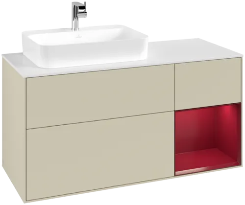 VILLEROY BOCH Toaletní skříňka Finion, s osvětlením, 3 výsuvy, 1200 x 603 x 501 mm, Silk Grey Matt Lacquer / Peony Matt Lacquer / Glass White Matt #F401HBHJ