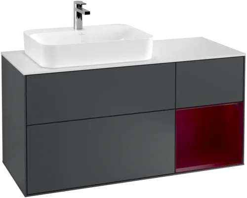 VILLEROY BOCH Toaletní skříňka Finion, s osvětlením, 3 výsuvy, 1200 x 603 x 501 mm, Midnight Blue Matt Lacquer / Peony Matt Lacquer / Glass White Matt #F401HBHG