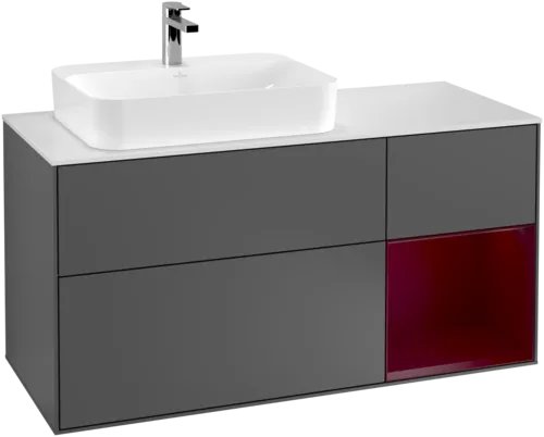 VILLEROY BOCH Toaletní skříňka Finion, s osvětlením, 3 výsuvy, 1200 x 603 x 501 mm, antracitový matný lak / pivoňkový matný lak / bílé matné sklo #F401HBGK, obrázek 1