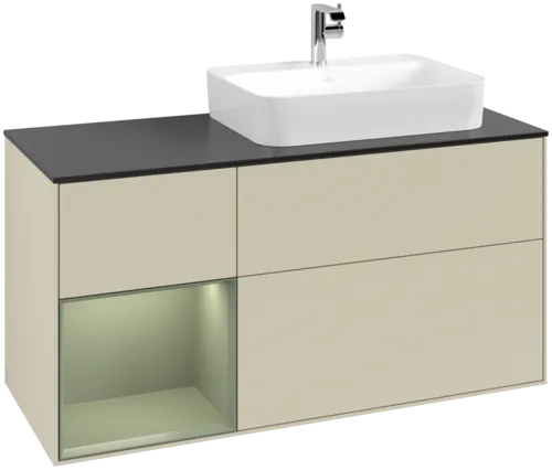 VILLEROY BOCH Toaletní skříňka Finion, s osvětlením, 3 výsuvy, 1200 x 603 x 501 mm, hedvábně šedý matný lak / olivový matný lak / černé matné sklo #F392GMHJ