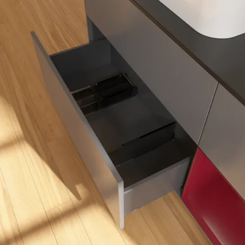 VILLEROY BOCH Toaletní skříňka Finion, s osvětlením, 3 výsuvy, 1200 x 603 x 501 mm, antracitový matný lak / pivoňkový matný lak / černé matné sklo #F402HBGK, obrázek 7