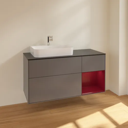 VILLEROY BOCH Toaletní skříňka Finion, s osvětlením, 3 výsuvy, 1200 x 603 x 501 mm, antracitový matný lak / pivoňkový matný lak / černé matné sklo #F402HBGK, obrázek 2