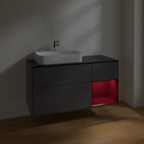 VILLEROY BOCH Toaletní skříňka Finion, s osvětlením, 3 výsuvy, 1200 x 603 x 501 mm, antracitový matný lak / pivoňkový matný lak / černé matné sklo #F402HBGK, obrázek 5