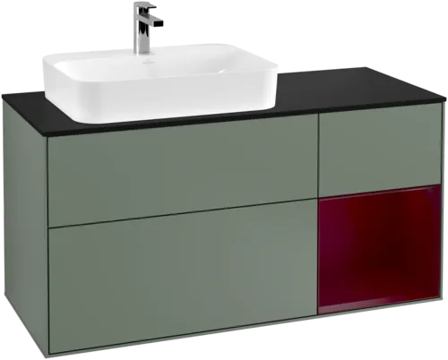 VILLEROY BOCH Toaletní skříňka Finion, s osvětlením, 3 výsuvy, 1200 x 603 x 501 mm, olivový matný lak / pivoňkový matný lak / černé matné sklo #F402HBGM