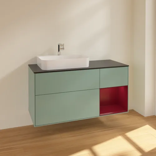 VILLEROY BOCH Toaletní skříňka Finion, s osvětlením, 3 výsuvy, 1200 x 603 x 501 mm, olivový matný lak / pivoňkový matný lak / černé matné sklo #F402HBGM, obrázek 2