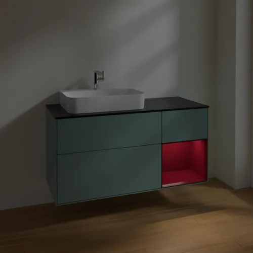 VILLEROY BOCH Toaletní skříňka Finion, s osvětlením, 3 výsuvy, 1200 x 603 x 501 mm, olivový matný lak / pivoňkový matný lak / černé matné sklo #F402HBGM, obrázek 5