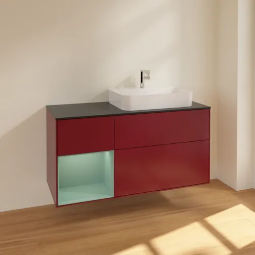 VILLEROY BOCH Toaletní skříňka Finion, s osvětlením, 3 výsuvy, 1200 x 603 x 501 mm, Pivoňka matný lak / Olivový matný lak / Sklo černé matné #F392GMHB, obrázek 2