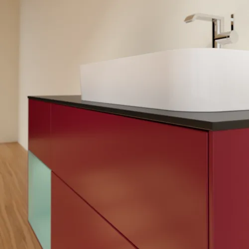 VILLEROY BOCH Toaletní skříňka Finion, s osvětlením, 3 výsuvy, 1200 x 603 x 501 mm, Pivoňka matný lak / Olivový matný lak / Sklo černé matné #F392GMHB, obrázek 6