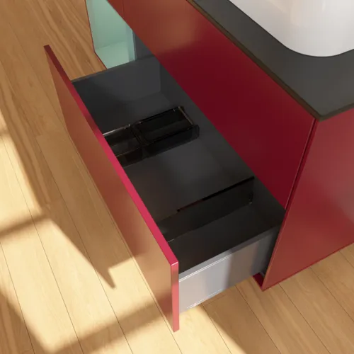 VILLEROY BOCH Toaletní skříňka Finion, s osvětlením, 3 výsuvy, 1200 x 603 x 501 mm, Pivoňka matný lak / Olivový matný lak / Sklo černé matné #F392GMHB, obrázek 7
