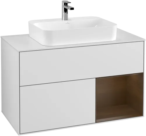VILLEROY BOCH Toaletní skříňka Finion, s osvětlením, 2 výsuvy, 1000 x 603 x 501 mm, bílý matný lak / ořechová dýha / sklo bílé matné #F371GNMT, obrázek 1