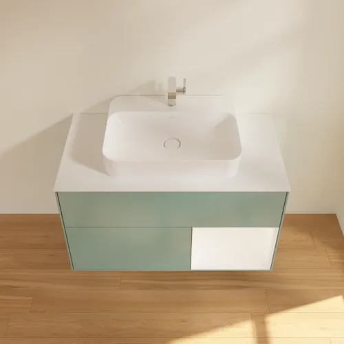 VILLEROY BOCH Toaletní skříňka Finion, s osvětlením, 2 výsuvy, 1000 x 603 x 501 mm, olivový matný lak / bílý matný lak / bílé matné sklo #F371MTGM, obrázek 4