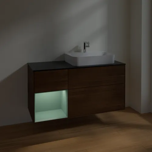 VILLEROY BOCH Toaletní skříňka Finion, s osvětlením, 3 výsuvy, 1200 x 603 x 501 mm, ořechová dýha / olivově matný lak / sklo černé matné #F392GMGN, obrázek 5