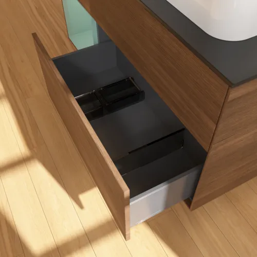 VILLEROY BOCH Toaletní skříňka Finion, s osvětlením, 3 výsuvy, 1200 x 603 x 501 mm, ořechová dýha / olivově matný lak / sklo černé matné #F392GMGN, obrázek 7